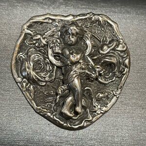 Repousse Cherub Large Shield Silver Tone Vintage Brooch Flying Baby Cupid